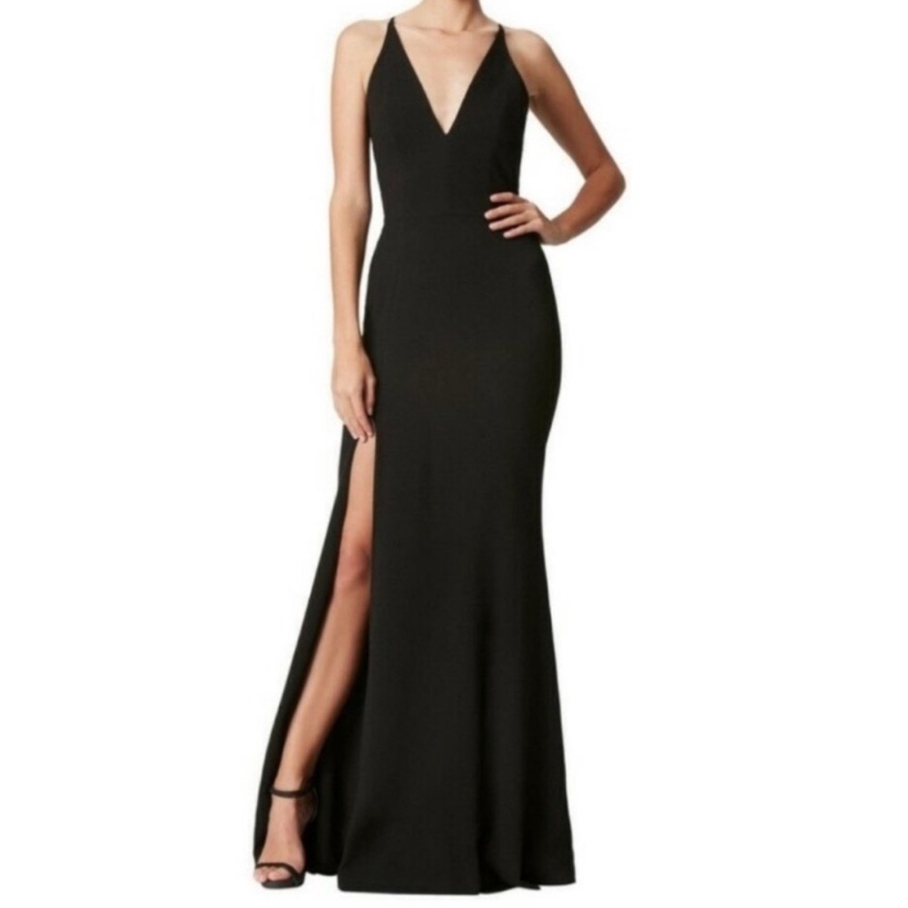 Dress the Population Iris Black Floor Length mermaid deep v Gown dress Size M